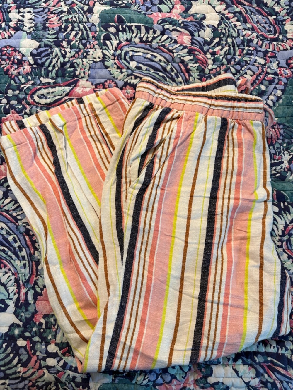 Striped Lightweight Linen Pants - Peach, White, Yellow & Black